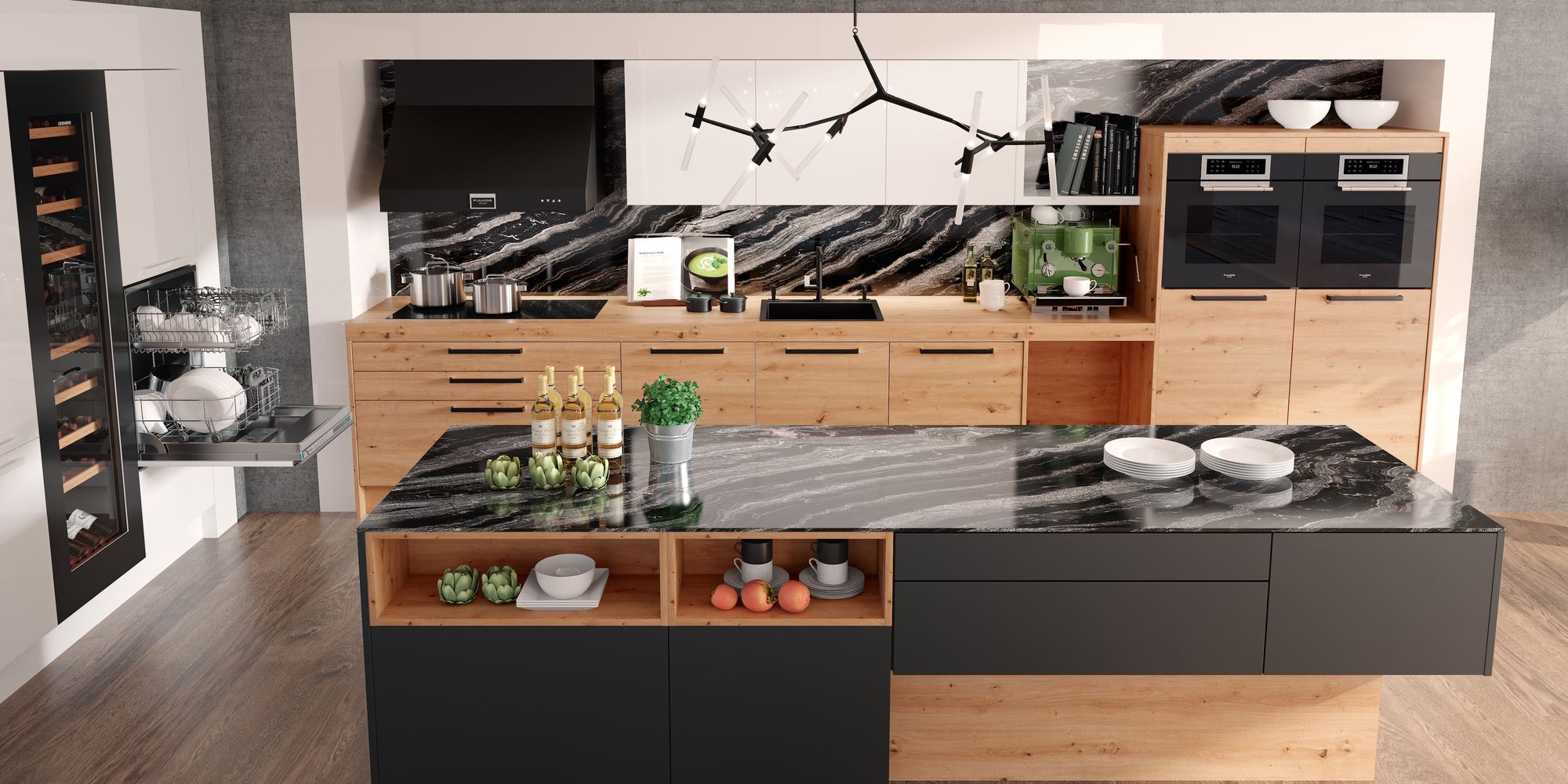 Designküche mit dunkler Insel und Holzelementen im Studio